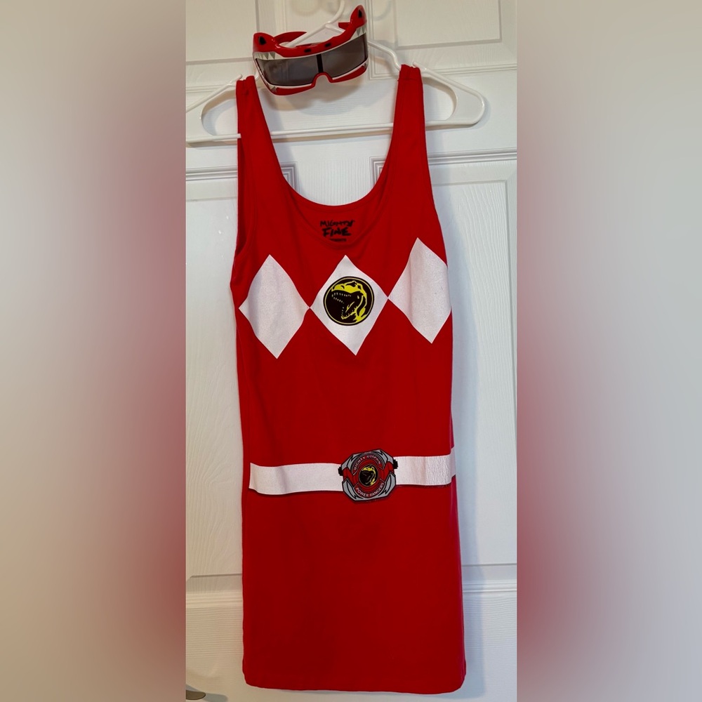 Power Rangers Red T-Shirt Dress & Glasses Halloween Size L *runs small*